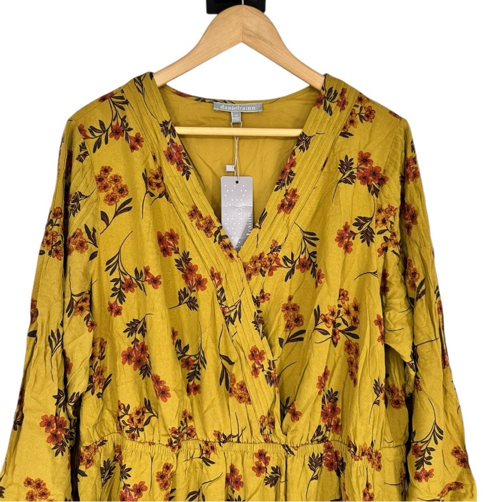 Daniel Rainn Mustard Floral Print Long Sleeve Dress size 2X NWT Surplice V Neck - Picture 2 of 12
